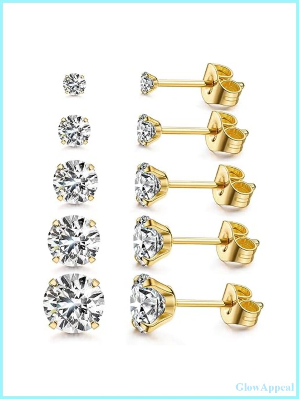 5 Pairs CZ Stud Earrings Set 316L Stainless Steel Hypoallergenic